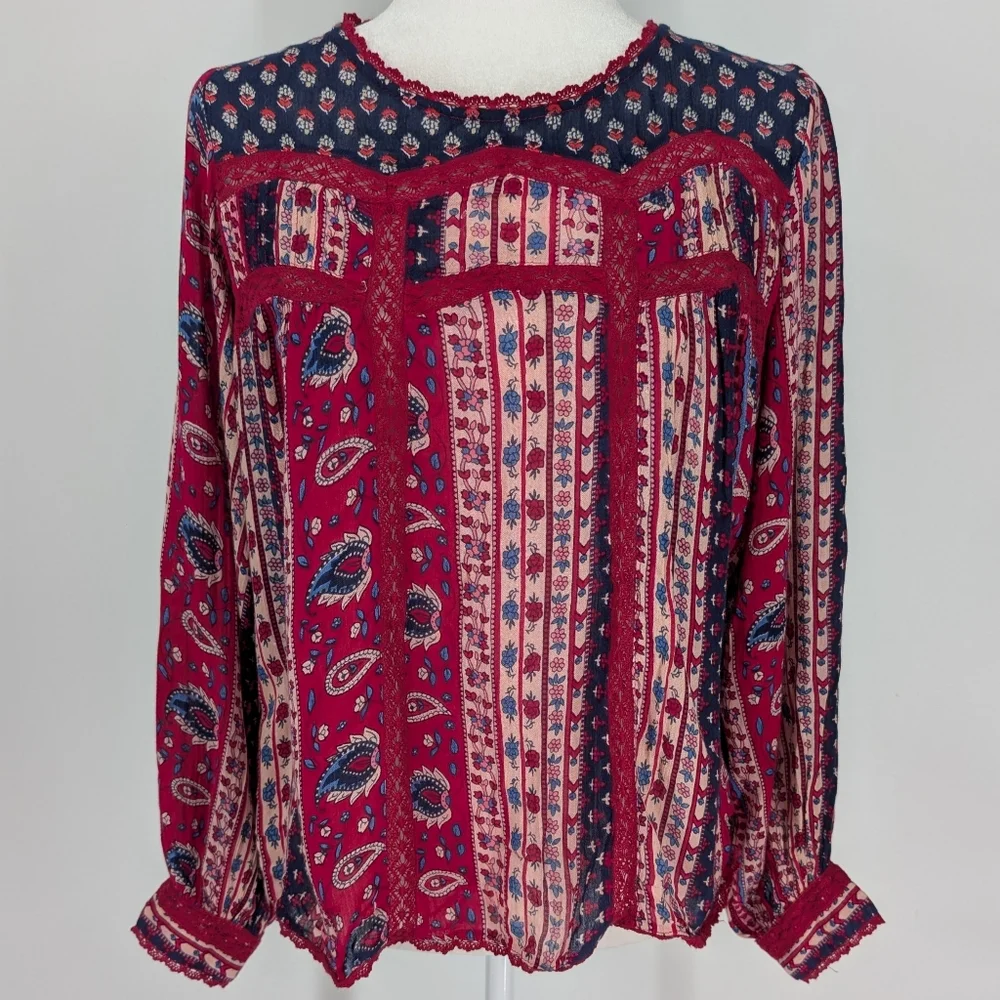 Anthropologie Red Navy Blue Boho Long Sleeve Gretchen Patchwork Lace Blouse 12 - Picture 4 of 8